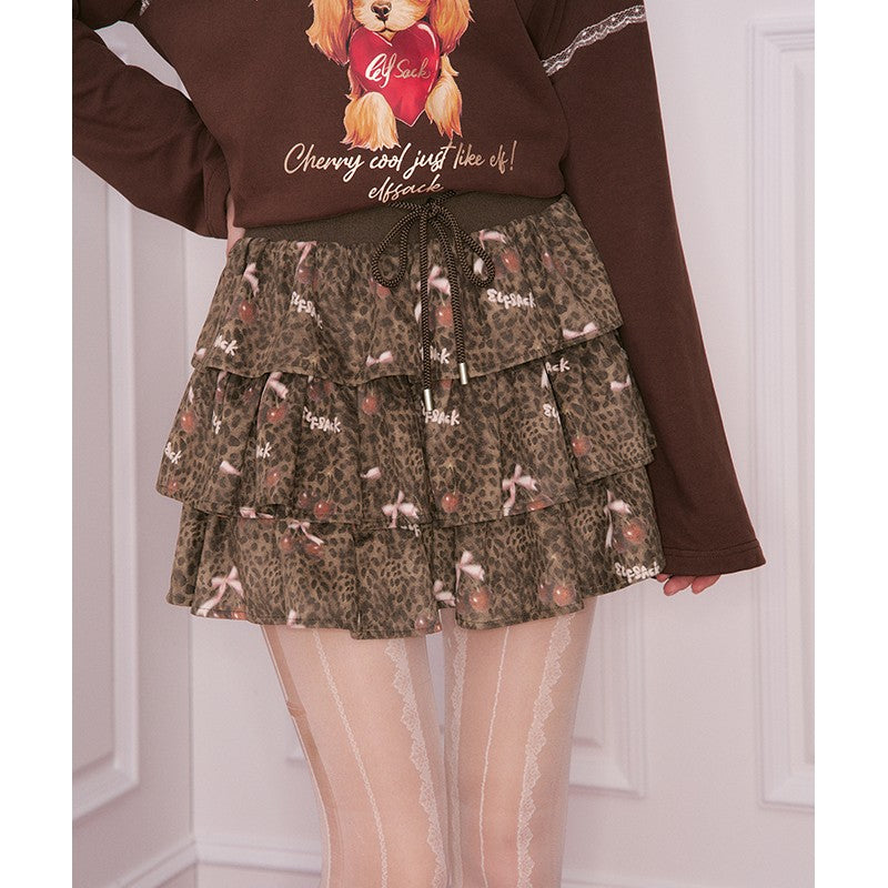 ELFSACK Y2K Sweet Leopard Bow Pleated Tiered Tie Short Skirt For Women