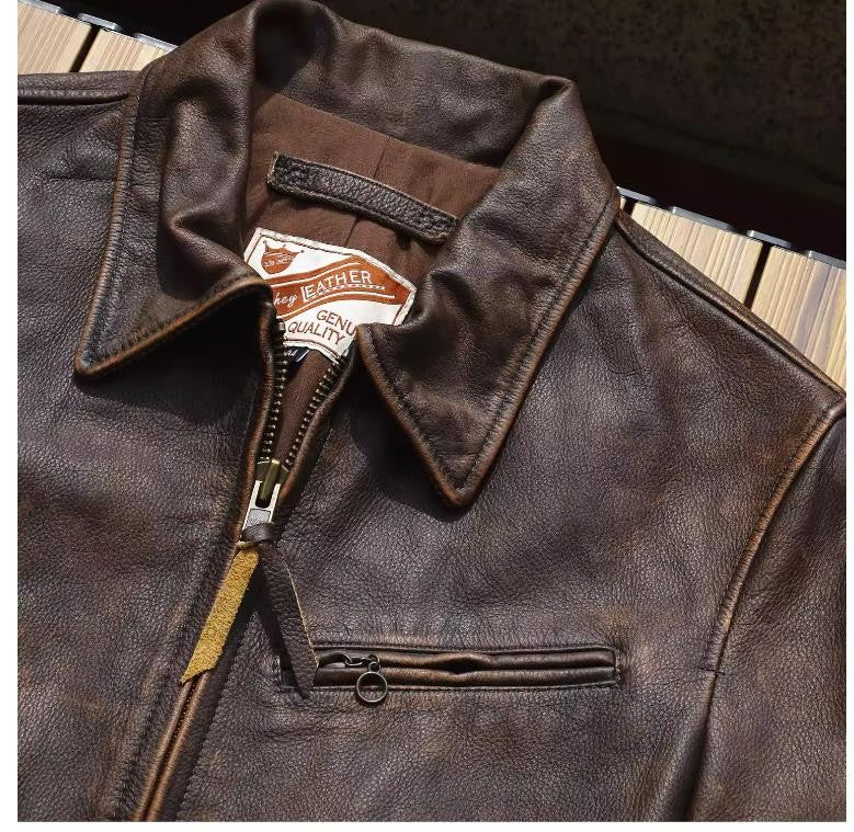 YR!Wholesales.Retro 1930 quality natural cowhide jacket.Vintage brown genuine leather coat.Slim fit.Classic Rider leather cloth
