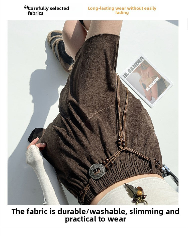 Caramel Suede Half-length Skirt Women's Autumn Winter New Irregular Belt Slim A- Line Midi Umbrella Skirt Comfortable Casual S .