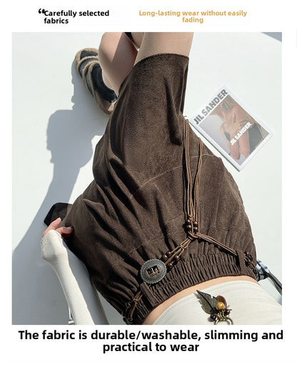 Caramel Suede Half-length Skirt Women's Autumn Winter New Irregular Belt Slim A- Line Midi Umbrella Skirt Comfortable Casual S .