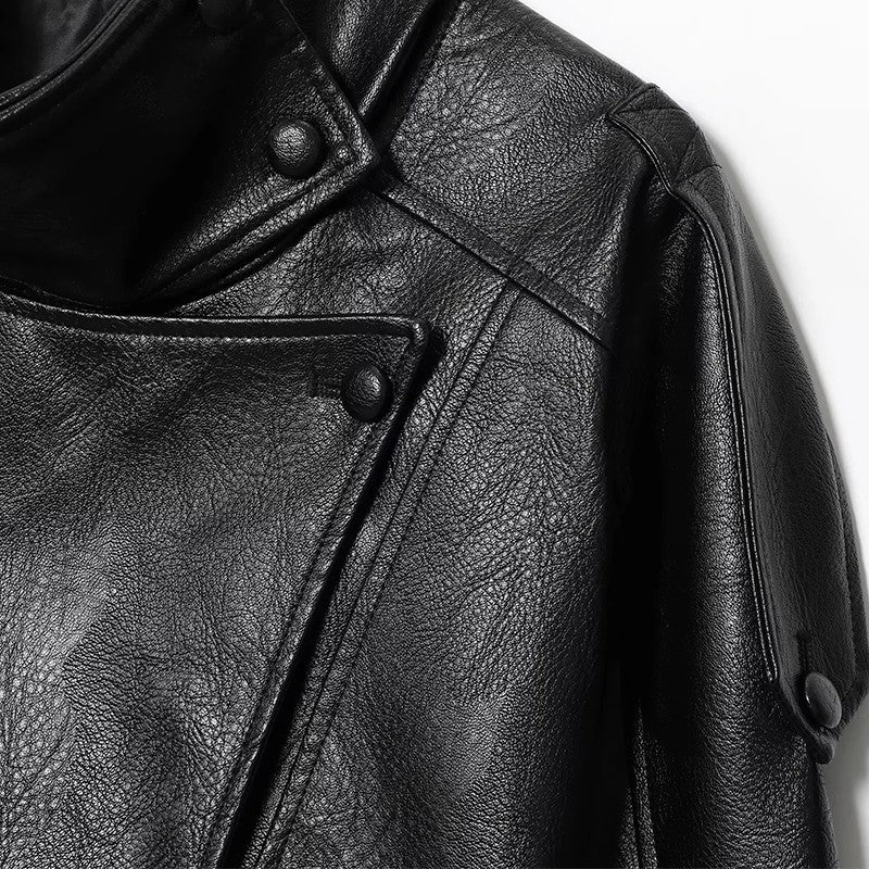 HXAO Faux Leather Jacket Coat Demi-Season Black Bomber Jacket Outerwears Long Sleeve Snap Button Cropped Motorcycle Jacket