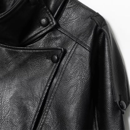 HXAO Faux Leather Jacket Coat Demi-Season Black Bomber Jacket Outerwears Long Sleeve Snap Button Cropped Motorcycle Jacket