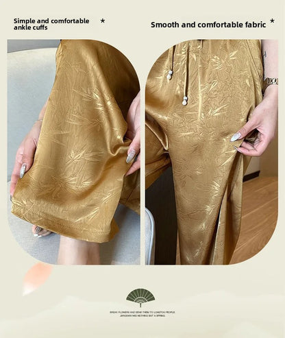 Plus Size Acetate Wide Leg Pants Women's Spring Autumn National Style Print High Waist Slimming Drapey Cool Large Size Women'...