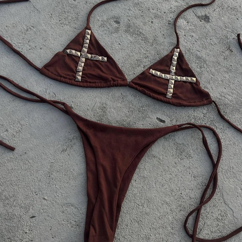 Y2k subculture retro millennium girls style hanging neck suspender bikini set summer beach kawaii classic comfortable bikini set