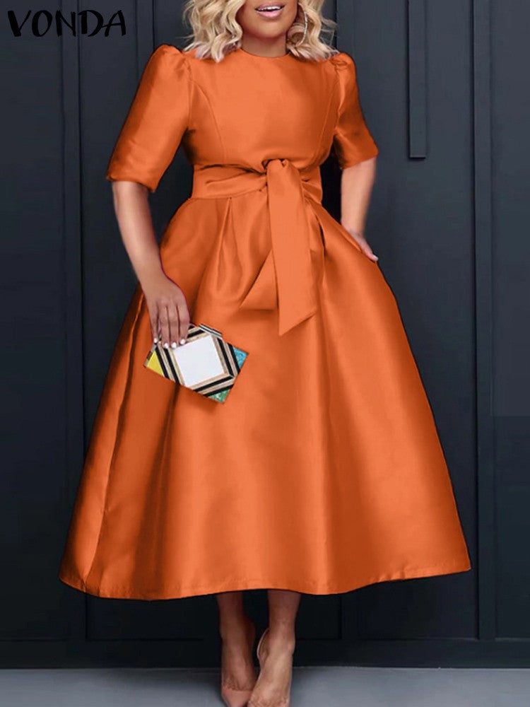 VONDA Elegant Women Satin Short Sleeve Midi Dress 2024 Summer Vestidos Casual Be