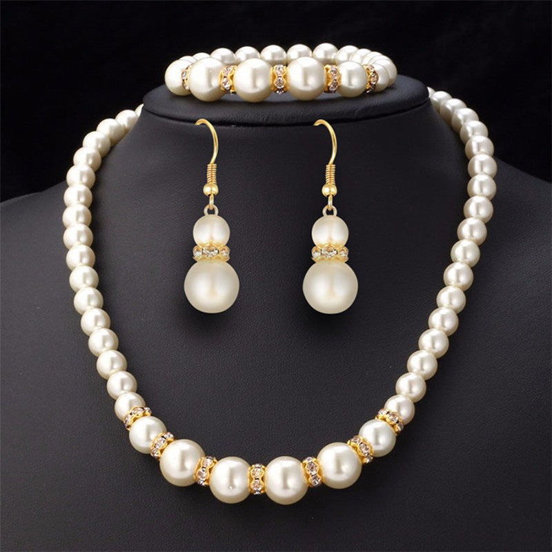 Conjunto 3 em 1 Elegante Colar, Brincos e Pulseira de Pérolas Simuladas Colar Longo Joias de Casamento para Noivas Presente
