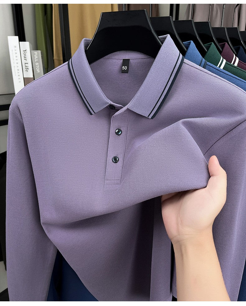 100% pure cotton high-quality long sleeve polo shirt men's autumn new style comfort casual luxury double striped lapel T-shirt