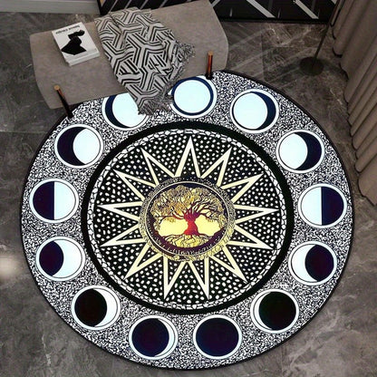Moon phase tree of life round rug crystal velvet floor mat spiritual mandala design astrological home decor black white carpet