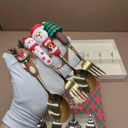 Conjunto de Talheres de Sobremesa Criativo e Fofo de Desenho Animado Boneco de Neve - Colher e Garfo - Novo Presente de Natal