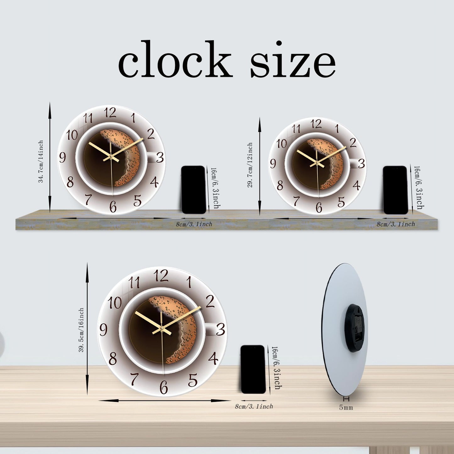 A Modern American Coffee Cup Pattern 4mm Thickeneded Tempered Glass Wall Clock Living Room Bedroom Kitchen Home Decoration Wall Clock Silent Quartz Clock Holiday Gift 12 Inches 14 Inches 16inch (Without Battery)
