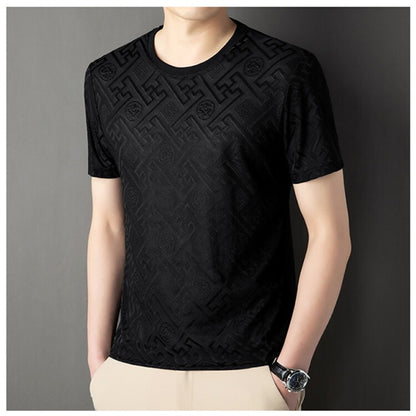2024 Summer Ice Silk Men's Jacquard Short Sleeve T-shirt High end Brand Fashion Jacquard Cool Breathable Casual Round Neck Top