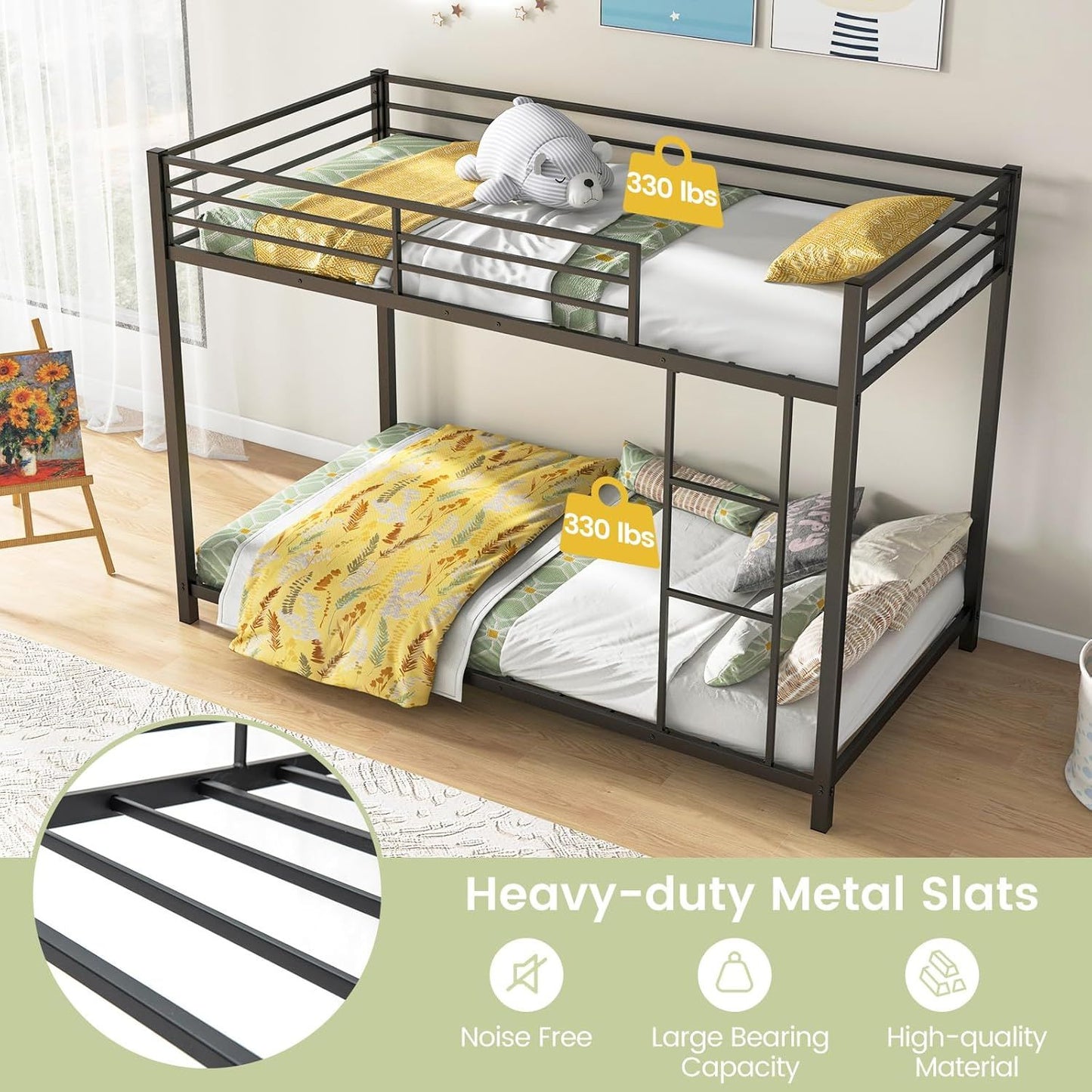 Metal Bunk Bed Twin Over Twin, Low Profile Bunk Bed Frame with Ladder & Full Length Guardrail, Space-Saving Twin Size Be