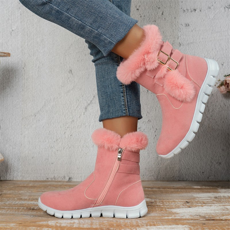 Winter Round Toe Plus Velvet Warm Side Zipper Casual Mid-calf Boots New Comfortable Fashionable Buckle Flat Snow Boots for Women