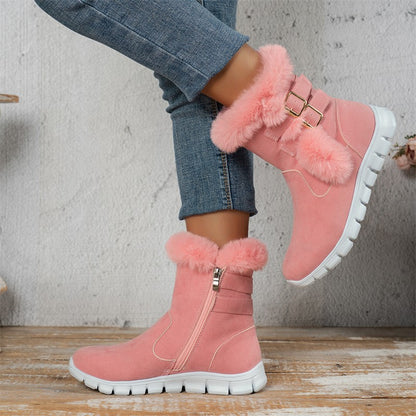Winter Round Toe Plus Velvet Warm Side Zipper Casual Mid-calf Boots New Comfortable Fashionable Buckle Flat Snow Boots for Women