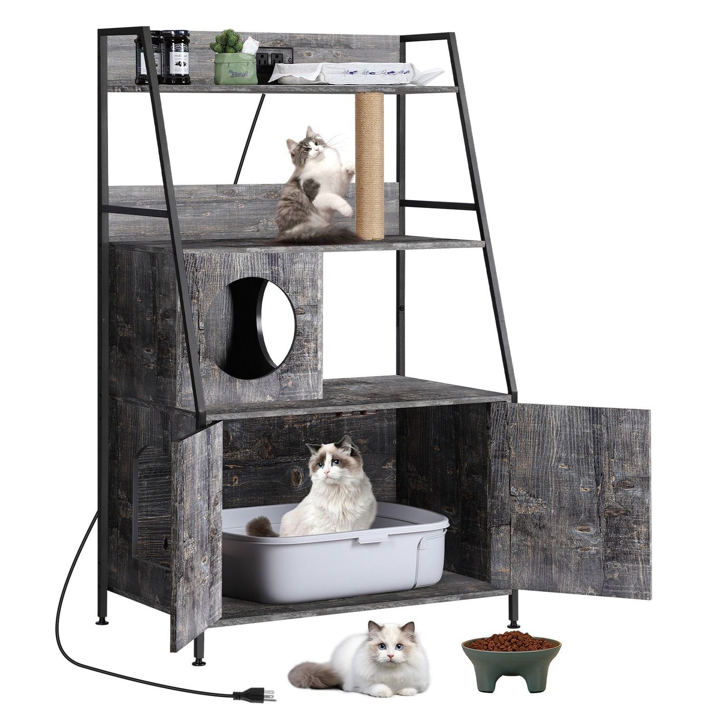Caixa de Areia para Gatos Escondida com 2 Prateleiras de Armazenamento Móvel Escondido com Estação de Carregamento, Banheiro de Gatos com Torre para Gatos