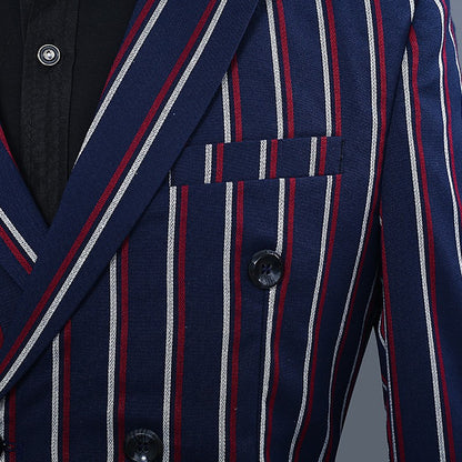 Navy Blue Mens Double-breasted Suit Two-piece Set, White Vertical Striped Jacket Paired with Matching Trousers, Asian Size S-XXL