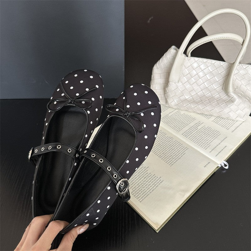 Designer Polka Dot Ballet Flats for Women Sweet Bow Decoration Elegant Mary Jane Shoes Fashion Buckle Shallow Comfort Dress Shoe