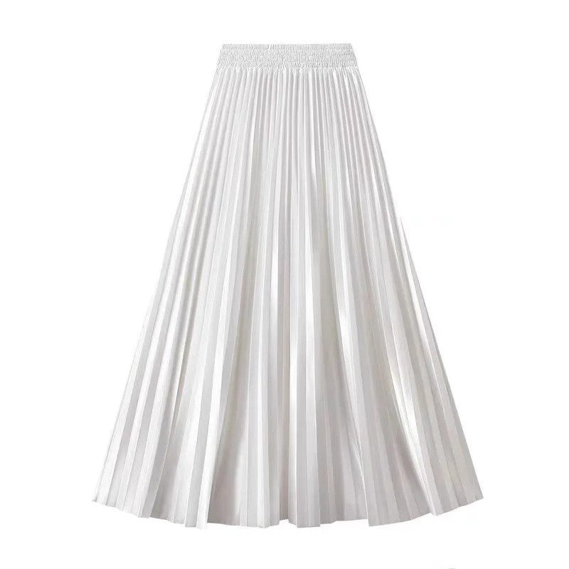 High Waist Satin Pleated Skirt 1 Meter Long Floor Length Pearl Glitter A- Line Umbrella Half Body Skirts Polyester Fiber