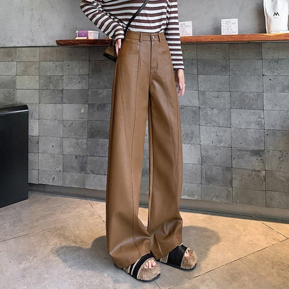 2025 New High Waist Vintage Black Women's PU Leather Wide-Leg Pants Loose Straight Retro Casual Floor-Length Pant Autumn Winter