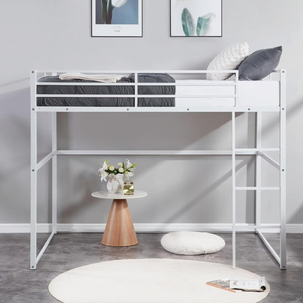 Cama Loft de Metal de Solteiro com Grades de Segurança e Escada Plana, Adequada para Crianças, Adolescentes e Adultos, Branca