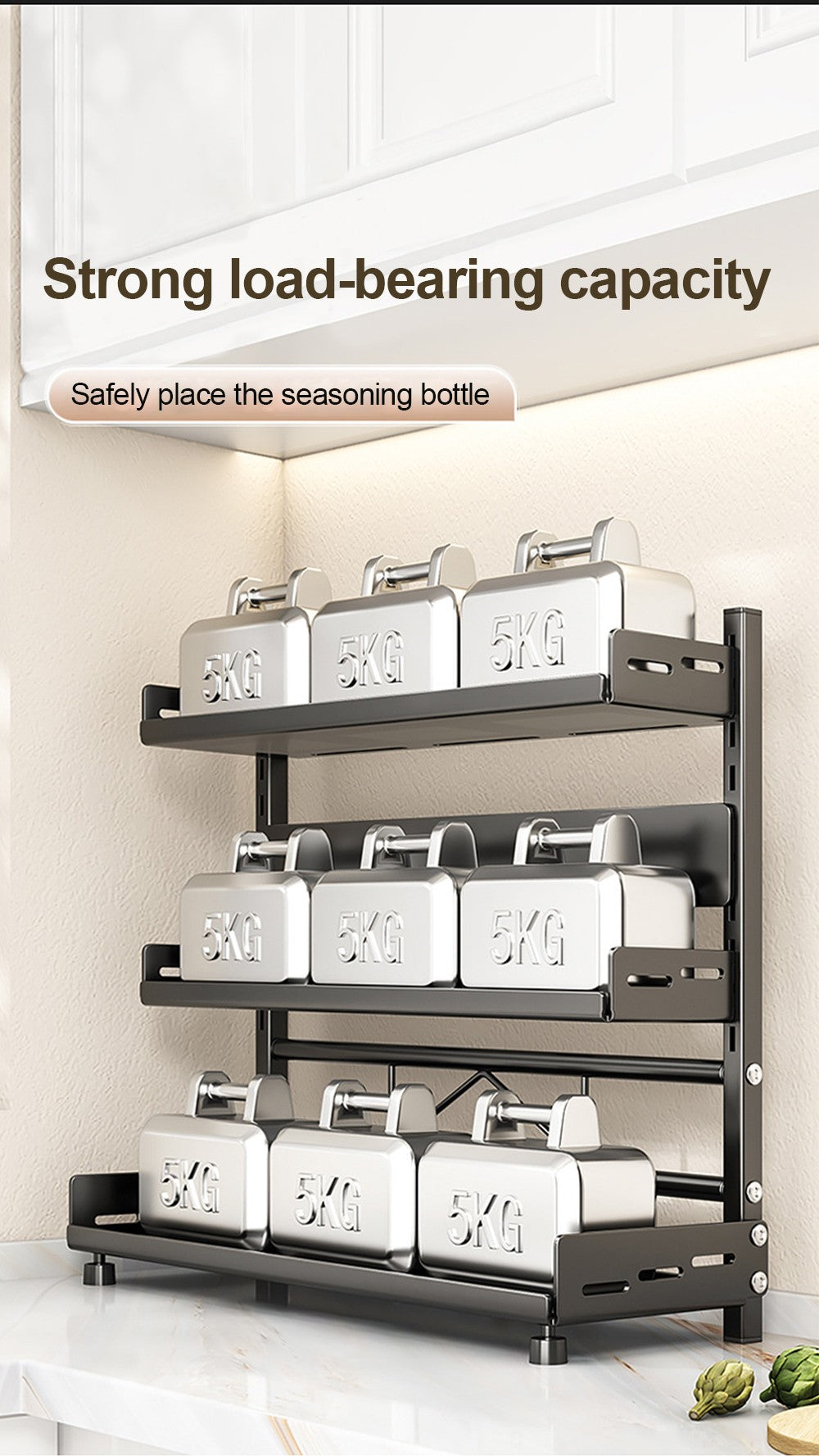 3 Tier Spice Storage Rack for Countertop Adjustable Spice Organization for Cabinet Kitchen Organizer Metal Shelf Black