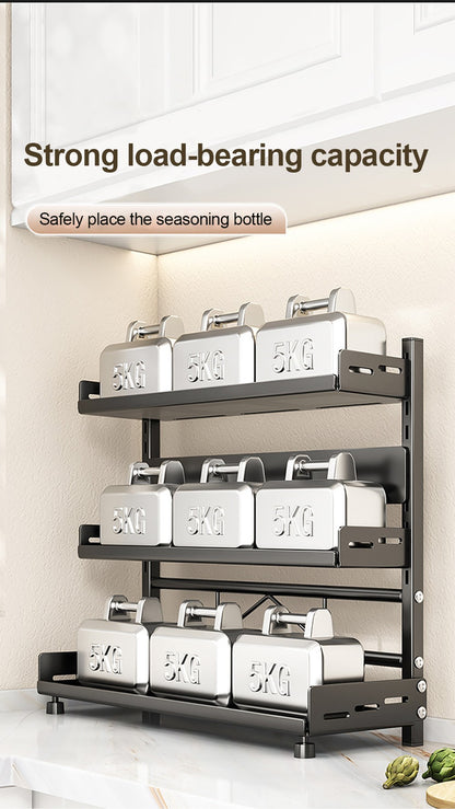 3 Tier Spice Storage Rack for Countertop Adjustable Spice Organization for Cabinet Kitchen Organizer Metal Shelf Black