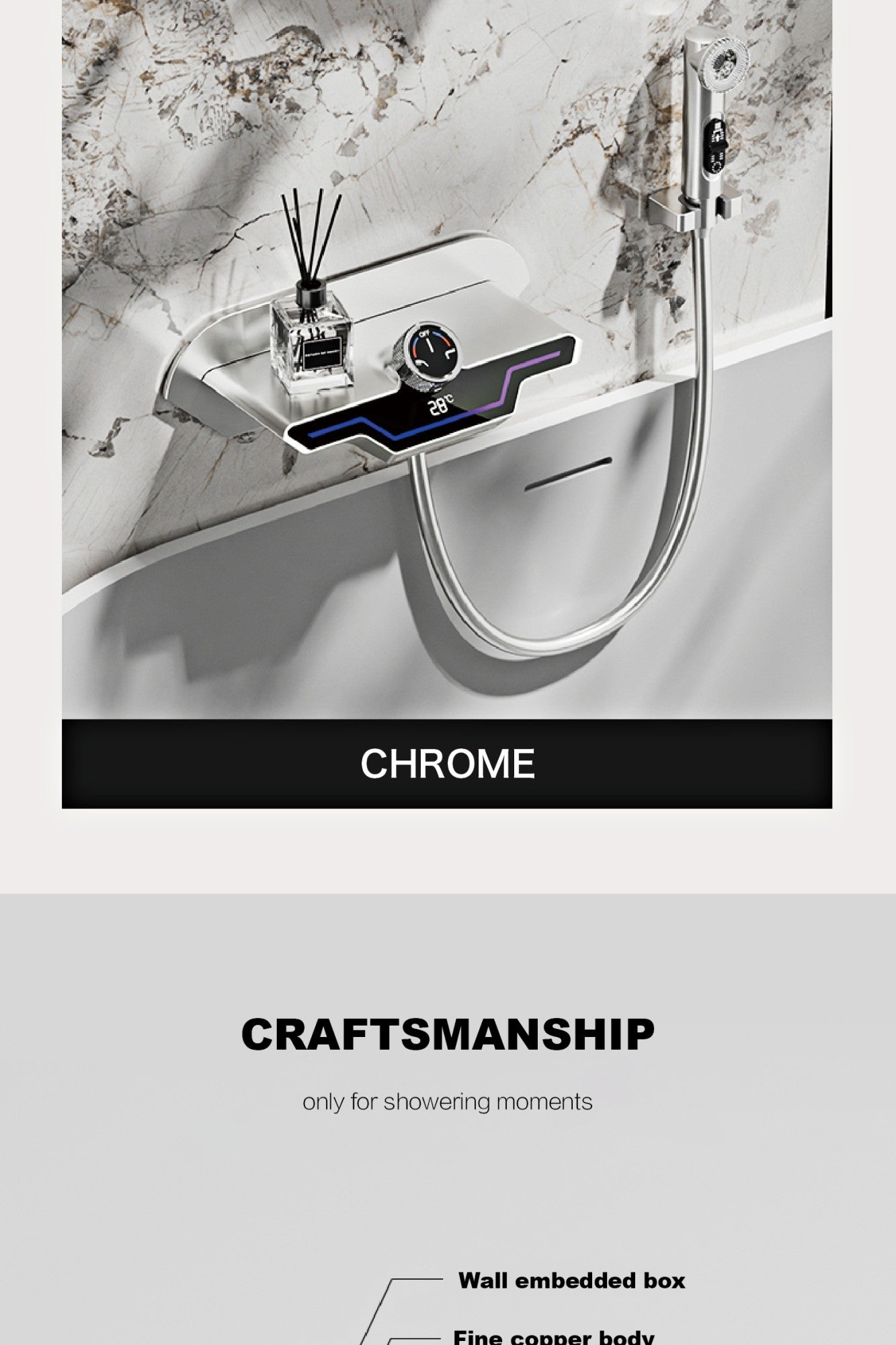 Luxury black brass wall mounted thermostatic bathroom faucet with LED digital display design, embedded hot and cold bathtub Tap