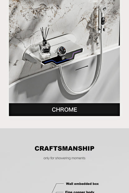 Luxury black brass wall mounted thermostatic bathroom faucet with LED digital display design, embedded hot and cold bathtub Tap