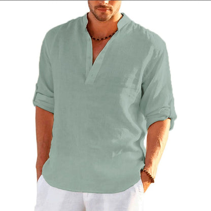 New Men's Linen Long Sleeve T Shirt Solid Color Loose Casual Breathable Shirt Cotton Mens Shirts Designer Lightweight Streetwear