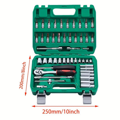 Kit Chaves Soquete Catraca 1/4" Com 53 Peças, Soquetes Bits, Medidas Métricas e Barra de Extensão Para Reparos Automotivos