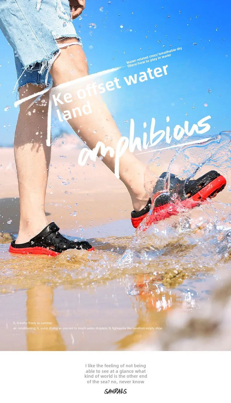 2024 Summer Plus Size Hollow Out Sandals Men's Breathable Slippers Trendy Thick Base Slip-On Beach Shoes Men's Footwear