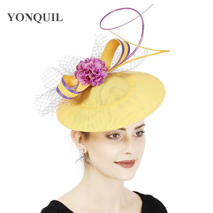 Novo Design Amarelo Com Cabelo Roxo Fascinator Chapéu Tiara Nupcial Casamento Festa Adereço de Cabelo Malha Senhoras Ocasião Acessórios de Cabelo