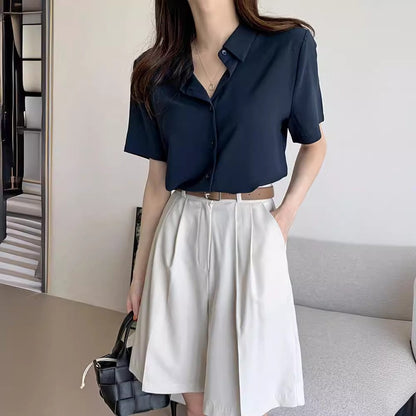 New French High-end Chiffon Simple Dressing Short-sleeved Shirt Top for Women