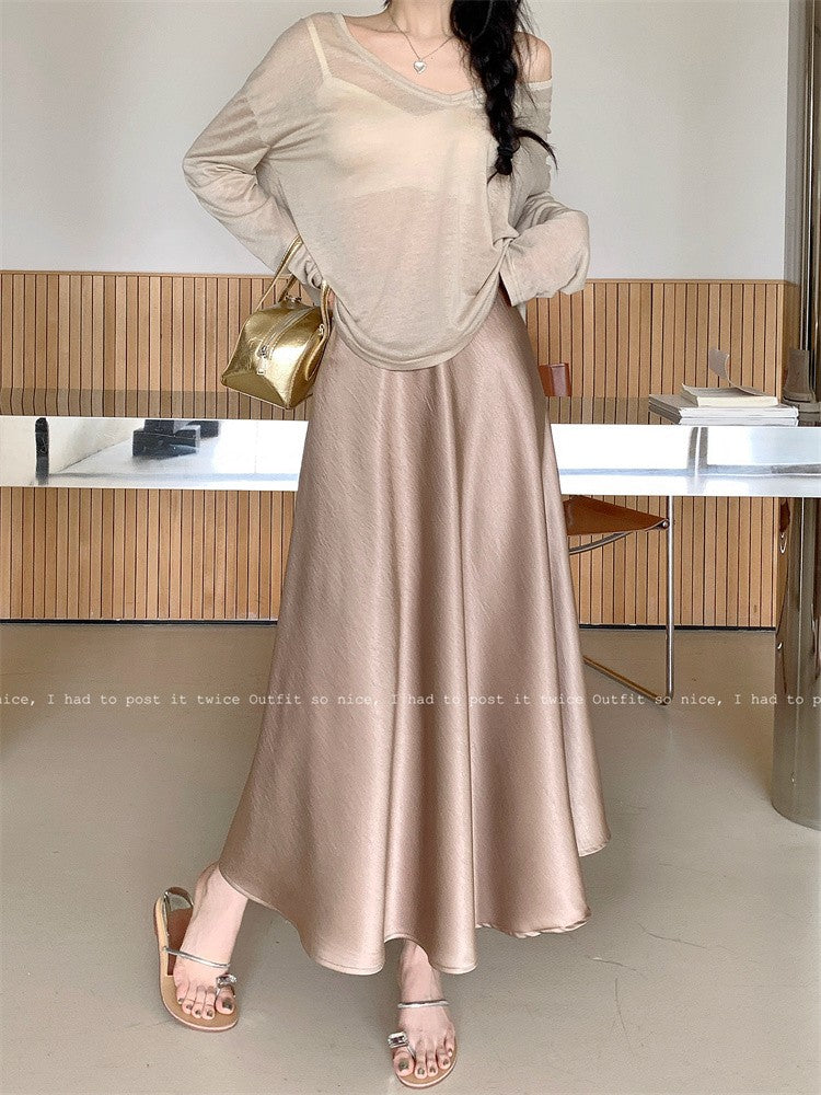 Plus Size Satin Half-Body Skirt Female 2026 Spring New Korean Fashion Temperament Elegant Solid Casual A-line Skirts