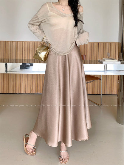 Plus Size Satin Half-Body Skirt Female 2026 Spring New Korean Fashion Temperament Elegant Solid Casual A-line Skirts