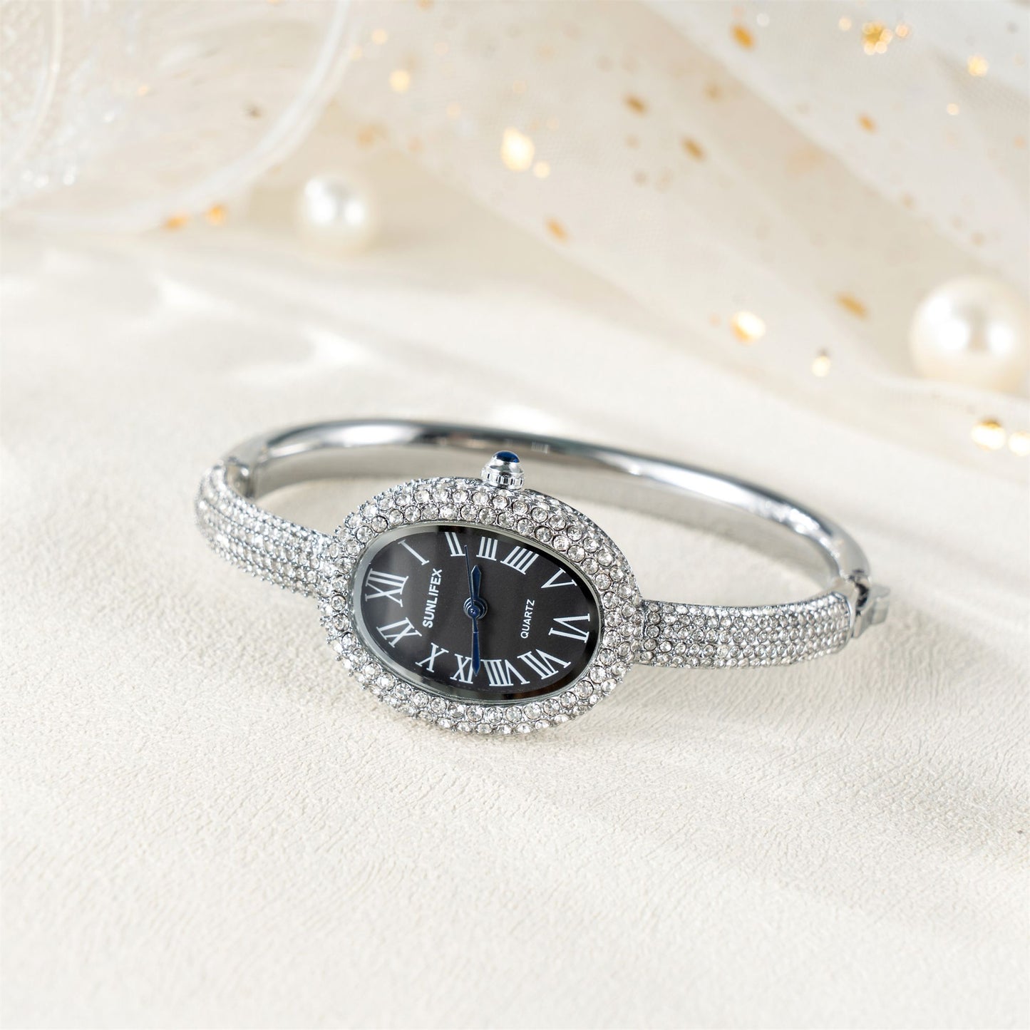 New Luxury Elegant ladies' Bracelet Wrist Watch Roman Numeral Inlaid Rhinestones Oval Waterproof Women's Quartz Watch Reloj