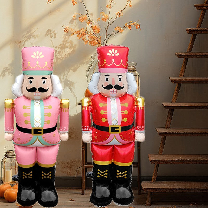 1 Christmas Standing 48-Inch Nutcracker Balloon, Pink and Red Birthday Party Atmosphere Decorations, Indoor/Outdoor Event Props