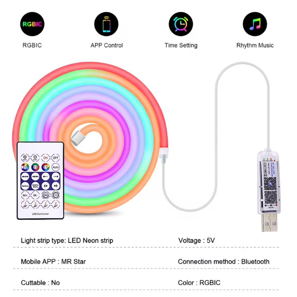 5V RGB Neon Strip Light 1M 2M 4M 5M USB Waterproof Flexible Ribbon Tape Neon Lights With Bluetooth Remote Control For Home Decor