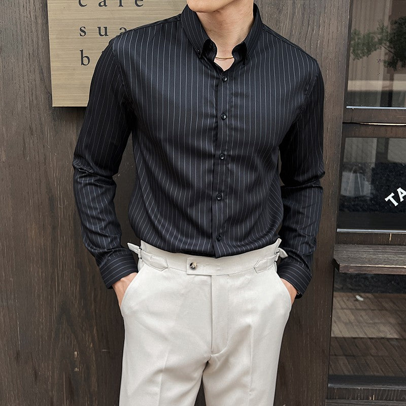 Striped Shirts for Men High-quality 2025 Autumn New Solid Business Casual Long Sleeved Elastic Slim Fit Dress Shirt Men Clothing