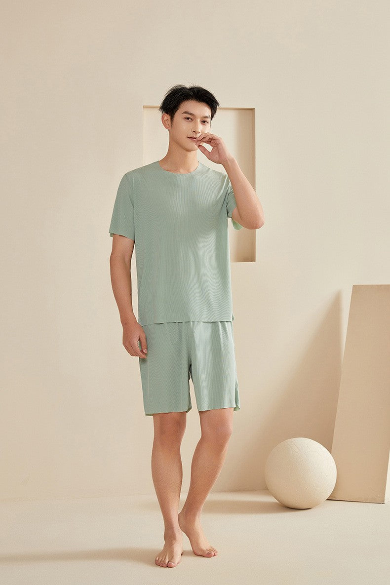 Super Thin Pajamas Suit Women Men Summer Ice Silk Cool Short-sleeved O-Neck Sleepwear Male Female Classic Simple Loungewear Suit