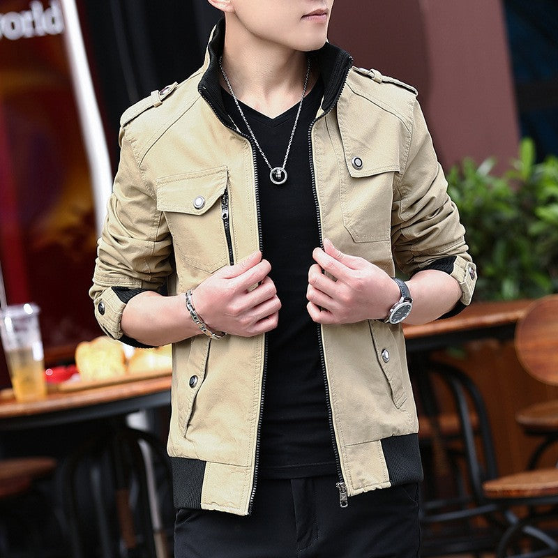 Korean Fashion Stand-up Collar Denim Cargo Coat 2023 Spring Autumn New Men's Jacket Men's Zipper Pocket Stitching Slim Jacket