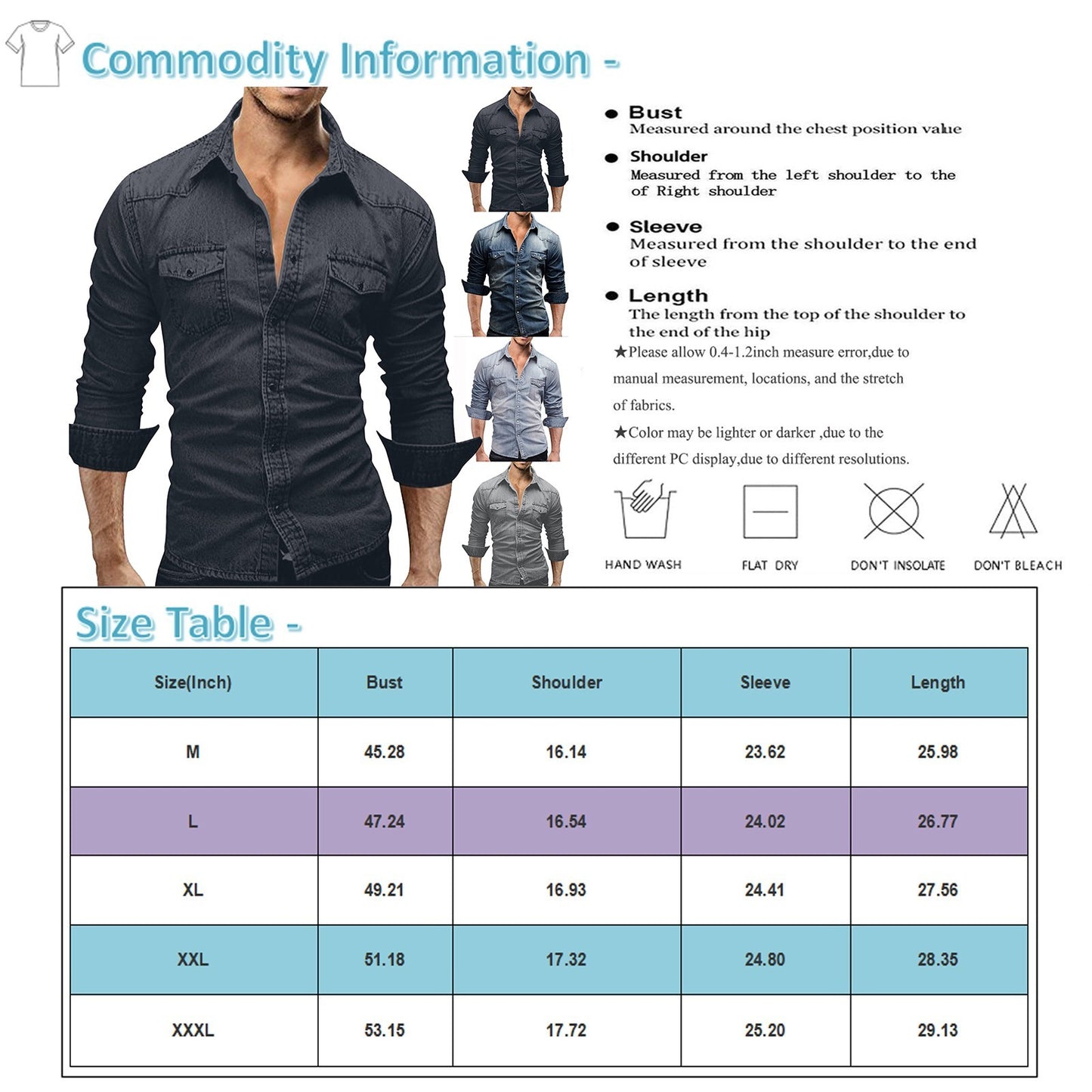 Men'S Autumn Fashion Clothing Casual Fashion Long Sleeve Lapel Shirts Solid Color Denim Washed Shirt Men'S Tops