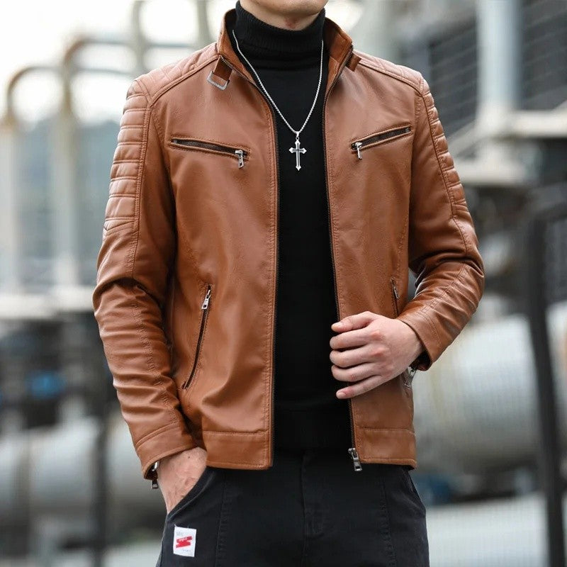 Men's Fleece Lined Biker Jacket Stand Collar Casual Versatile Spring Autumn Leather Coat for Students Fashionable Outerwear