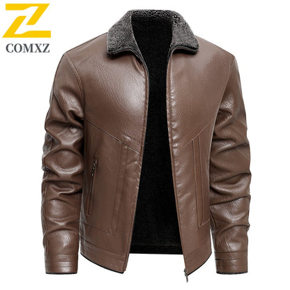 2025 veluokldly Leather Jacket Man Winter Motocross Windproof Warm PU Leather Coat chaqueta Male Trendy Motorcycle Fleece Coats