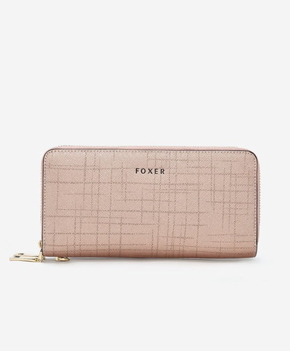 FOXER Split Leather Lady's Wallet Bifold Long Clutch Bag with Wristlet Fashion Card Holder Coin Purse Cellphone Money Bag