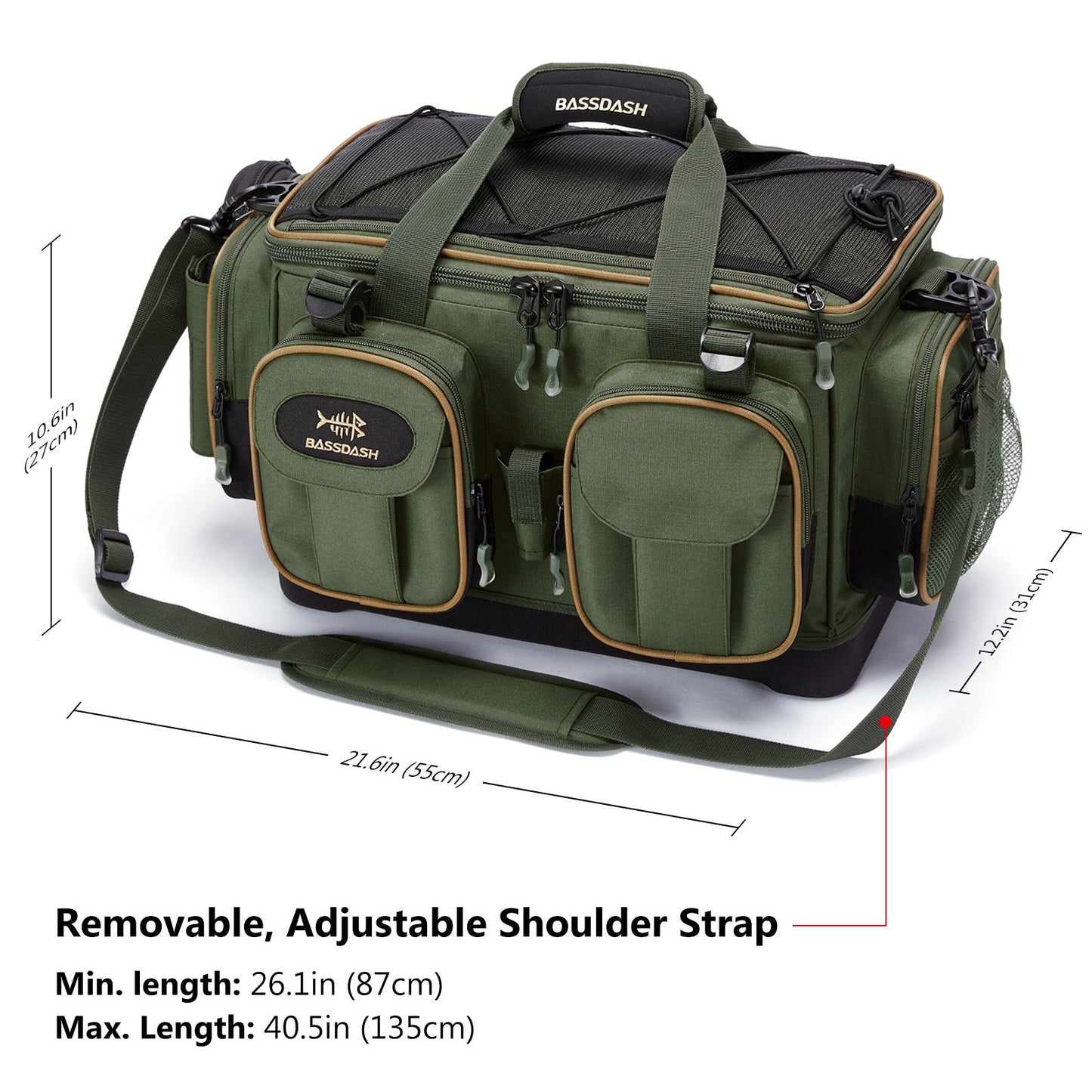BASSDASH Fishing Tackle Shoulder Bag Resistente à Água, Leve, para Armazenamento de Equipamentos, com Base Rígida Moldada e Capa de Chuva