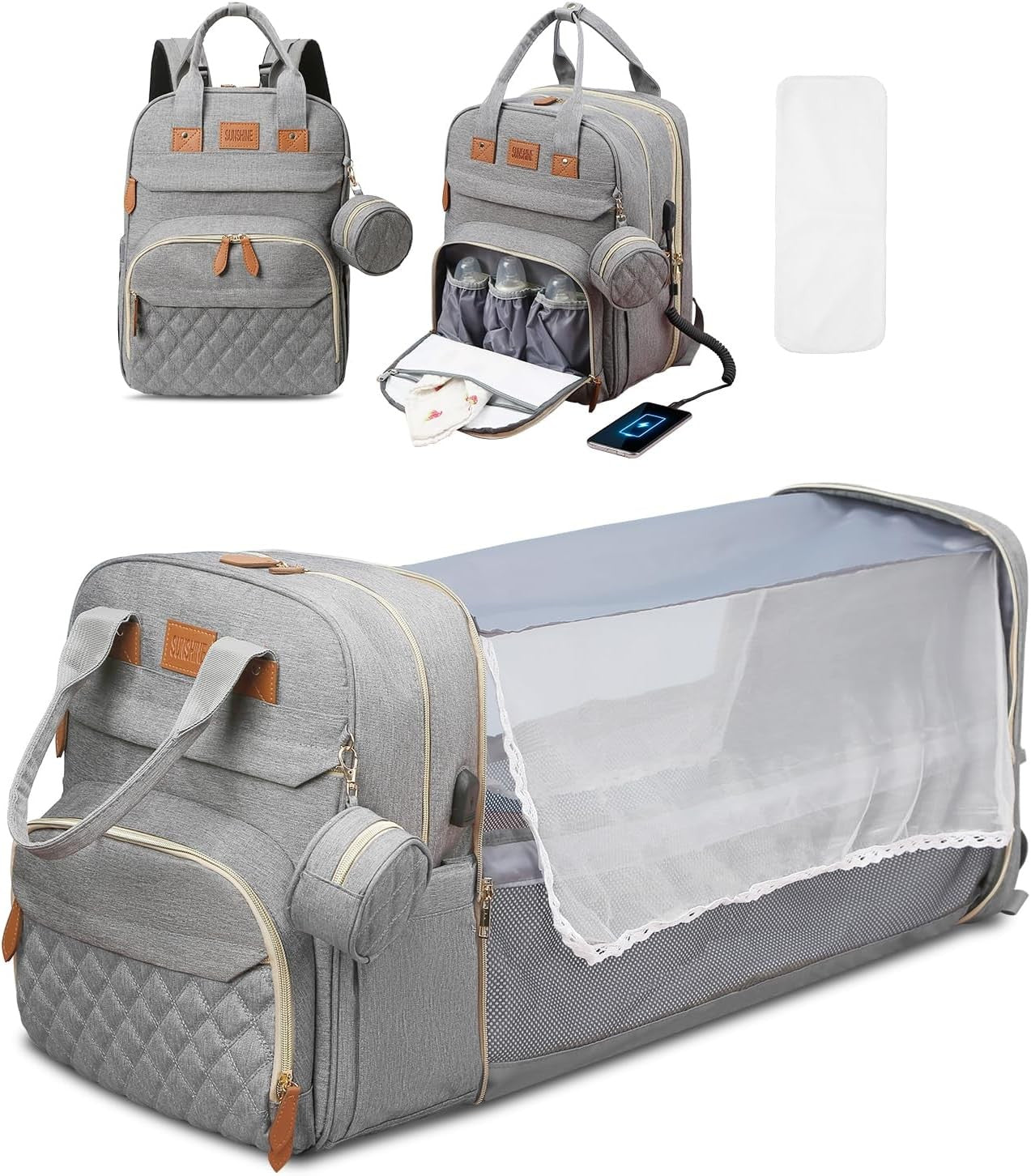 Mochila-berço 3 em 1 dobrável à prova d'água com USB para viagem e para troca de fraldas 3 tipos