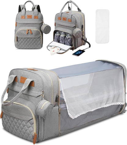 Mochila-berço 3 em 1 dobrável à prova d'água com USB para viagem e para troca de fraldas 3 tipos