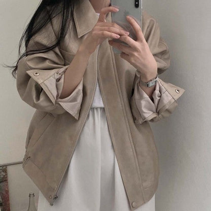 Sli Loose PU Leather Jaet Women's Chic Retro Collar Versatile BF Sle Motorcycle Clothes Trendy Long Sve Zipper