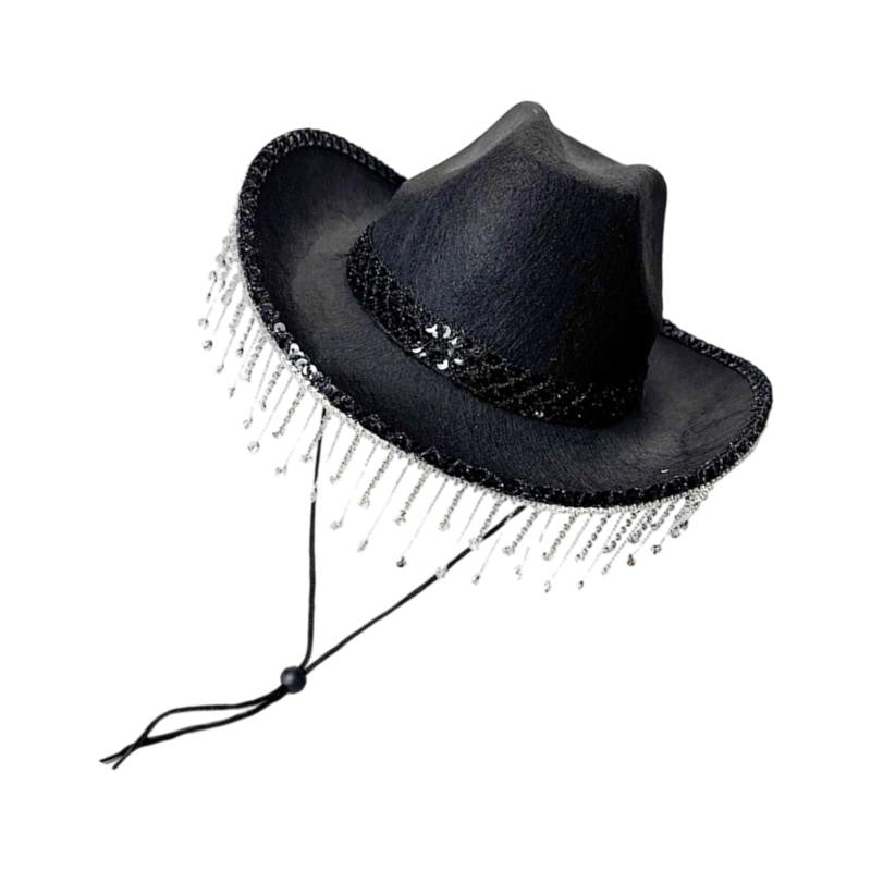 31BB Western Bridal Accessory Rhinestones Studded Tassels Lace Cowboy Hats Panama Hat Photography Props